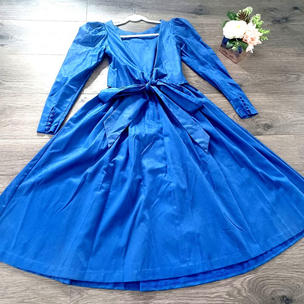 Vtg Laura Ashley Blue Damask Puff Sleeve Dress Bow Back Pockets - Picture 3 of 11
